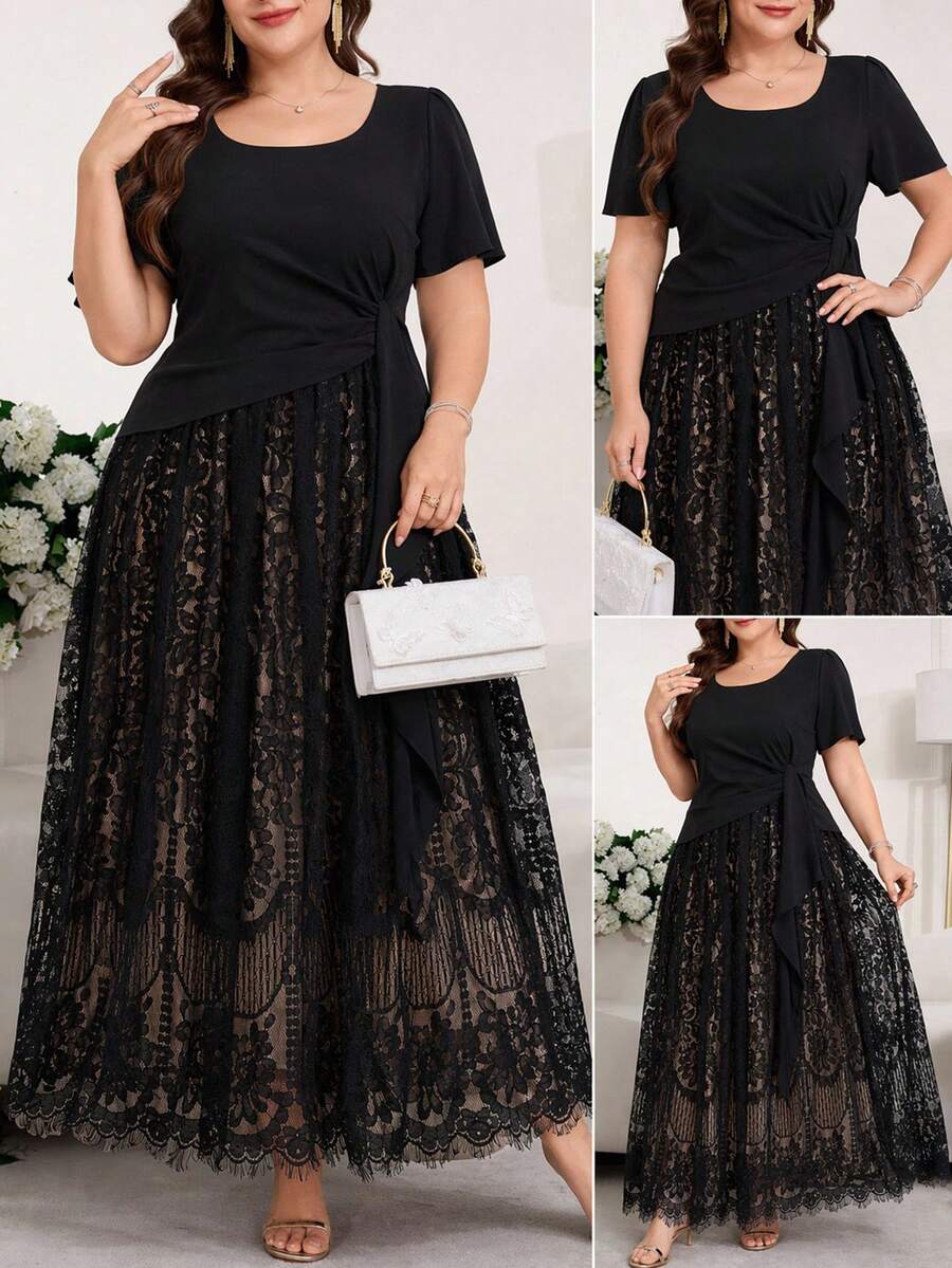 Levarali Gaun Elegan Lengan Pendek dengan Detail Renda Kontras untuk Wanita Ukuran Plus, Warna Hitam untuk Pernikahan, Makan Malam, dan Acara Formal Musim Panas.