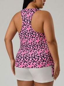 SHEIN Rhythm Era Women's Plus Size Leopard Print Round Neck Side Drawstring Sports Tank Top - Hot Pink - View 2