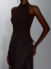 Elitara Elegant Black Stretch Fabric V-Neck Tassel Decor Bustier Mermaid Skirt Party Evening Gala Dinner Vow Dress Wedding Guest Bachelorette Formal Winter - Coffee Brown - View 3