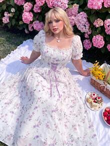 Lyrianda Sweet Romantic Vacation Plus Size Ditsy Floral Short Sleeve Cinched Waist Maxi Dress - Mauve Purple - View 5
