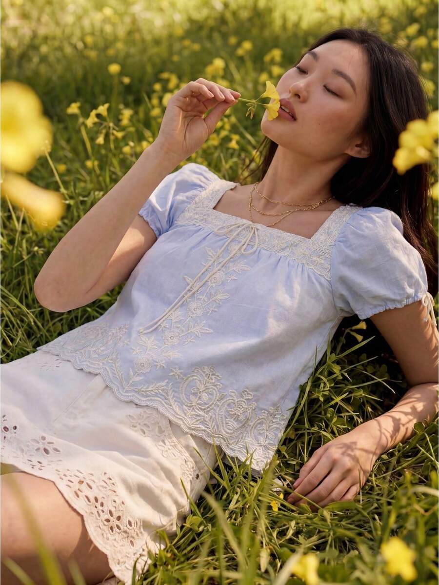 Willow Rêve Women's Blue Embroidered Trim Puff Sleeve A-Line Loose Blouse, Boho Style, Valentine's Day, Romantic Exclusive Style, Sweet Style - Blue - View 1