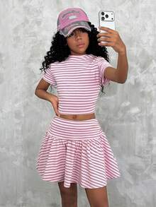 Camiseta de cuello alto fruncido y ajuste ceñido & Falda con volantes en el bajo para niña preadolescente,Vuelta al colegio,Y2K,Streetwear - Rosa - Ver 1