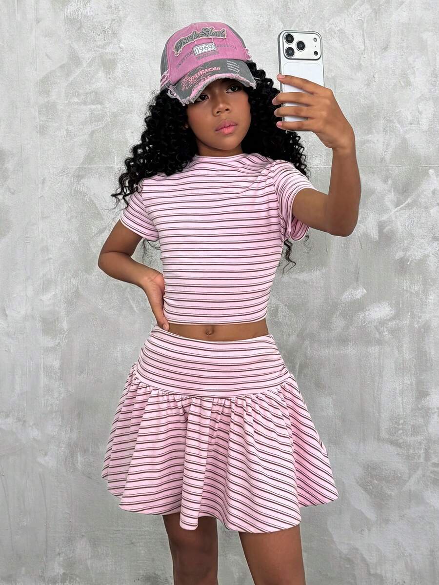 Camiseta de cuello alto fruncido y ajuste ceñido & Falda con volantes en el bajo para niña preadolescente,Vuelta al colegio,Y2K,Streetwear - Rosa - Ver 1