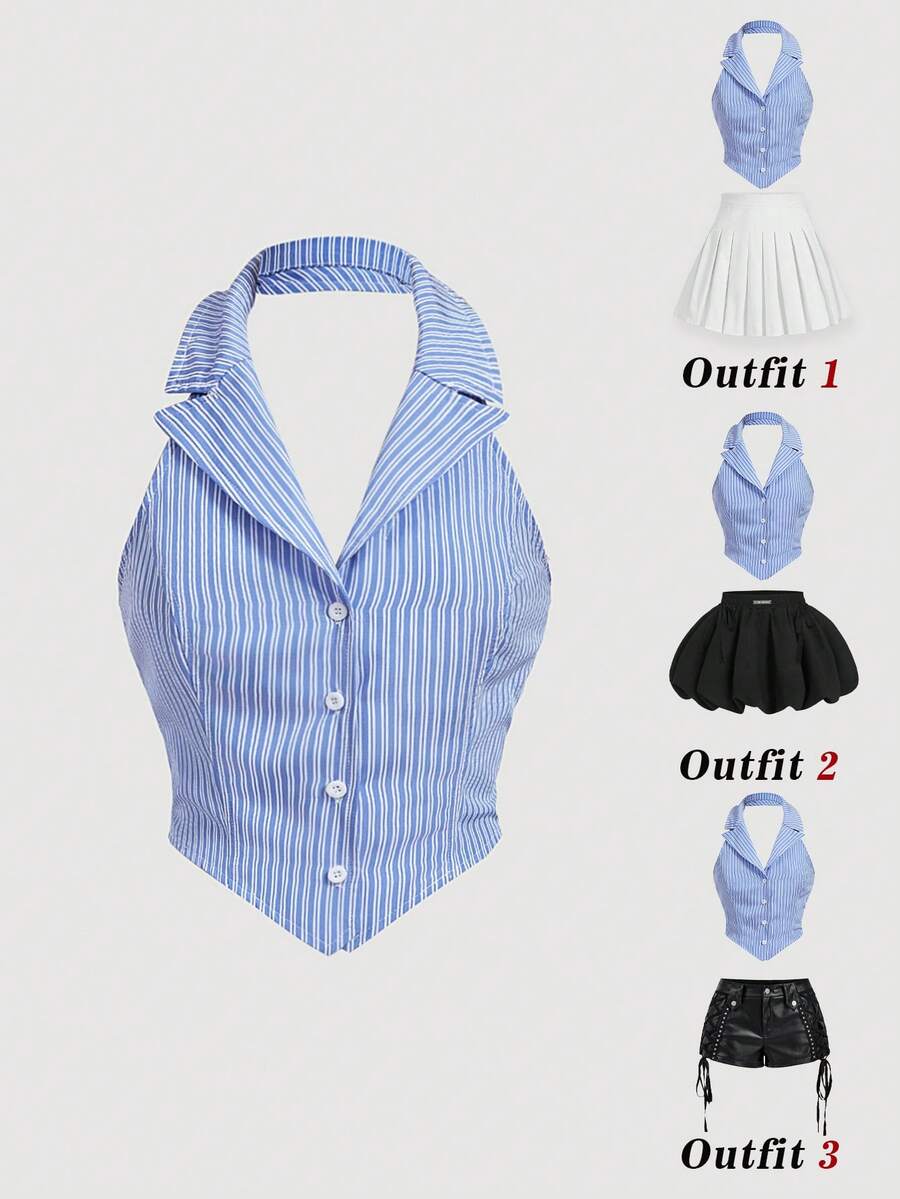 SHEIN MOD 女款條紋翻領單排扣掛脖背心上衣 - 藍白色 - 查看 1