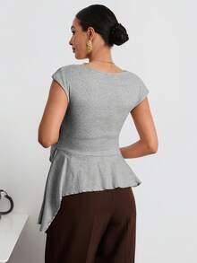 MaterniWear Maternity Solid Color Boat Neck Cap Sleeve Asymmetric Hem Casual Maternity Maternity T-Shirt Summer Photoshoot Photoshoot - Grey - View 7