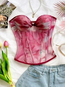 Soleia Ink Wash Gradient Bow Elastic Mesh Ruched Fishbone Bustier - Red - View 5
