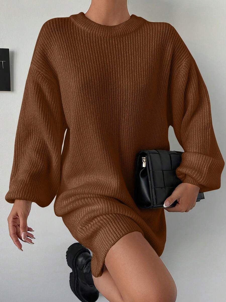 EURMUSE Solid Color Round Neck Drop Shoulder Ribbed Knit Sweater Dress - Mustard Yellow - View 1