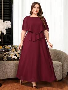 Reflora Plus Size Elegant Solid Color Party Dress - Burgundy - View 4