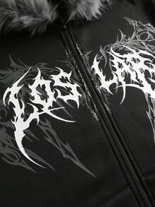 ROMWE MEN Goth 男士哥德式圖案毛絨連帽拉鍊休閒日常長袖衛衣 - 黑色 - 查看 7
