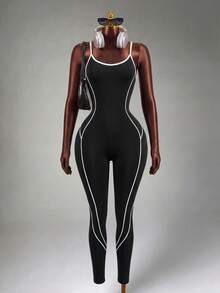 Mistrie Black & White Backless Camisole Seamless Active Jumpsuit Sports - Black and White - View 5