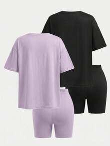 Girlism 青少年女孩 T-Shirt 套裝 2件/組 春夏新款 純色套裝 2件短袖 + 2件百慕達短褲套裝，4件裝，休閒時尚街頭風 寬鬆 T-Shirt + 緊身單車短褲套裝 - 彩色 - 查看 2