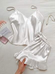 Comfortcana Conjunto de pijama de satén con volantes en el bajo, conjunto blanco - Blanco - Ver 8