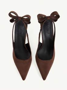 CUCCOO CHICEST Four Seasons Coffee Brown Imitation Suede Backspace High Heels Women's, French Style Elegant Comfortable Simple Party Dinner Bow Pointed Toe Shallow - Coffee brown velvet - View 2