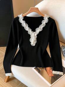 GlowEve CURVE Plus Size Elegant Fitted 3D Lace V-Neck Long Sleeve Pullover Sweater - Black - View 1