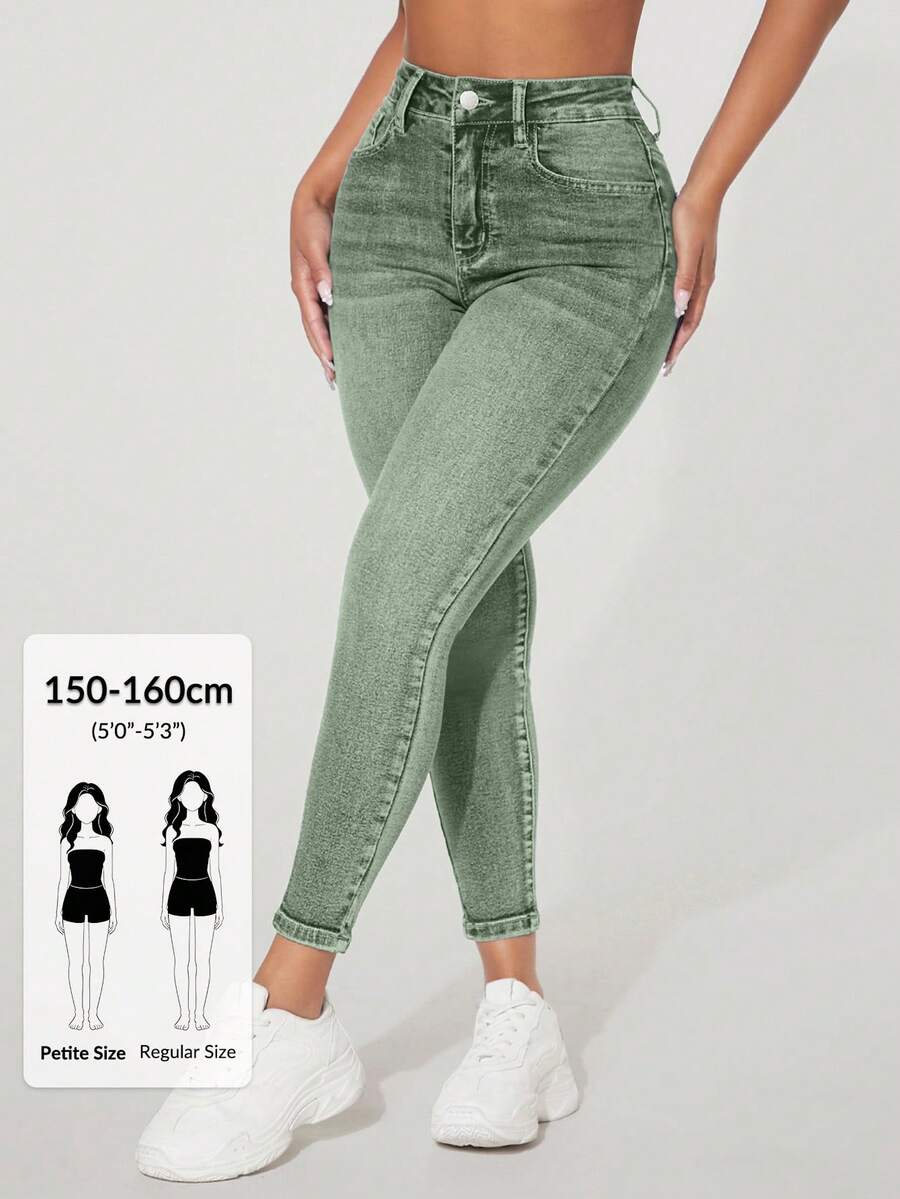 SHEIN PETITE 休閒做舊復古修身牛仔褲,適合嬌小女性 - 軍綠色 - 查看 1