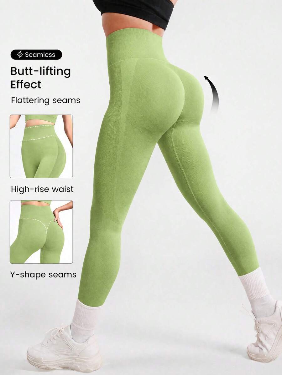 Gameset SHEIN Sport 女款高腰無縫緊身褲-收腹顯瘦提臀跑步運動褲 - Limelight Green - 查看 1