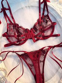Crystal Vow Romantic Embroidered Bridal Lingerie Set 2pcs - Burgundy - View 5