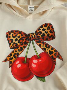 SHEIN Playful Pals 女嬰時尚可愛豹紋蝴蝶結與櫻桃印花連帽衛衣 + 配色拼接長褲套裝 - 彩色 - 查看 8