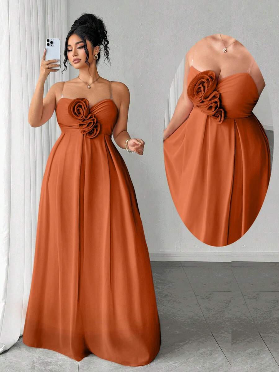 Elenzga 大尺碼女款優雅成熟浪漫編織柔軟棕色雪紡雙層抹胸洋裝,透明肩帶設計,3D玫瑰花飾,抽褶百褶裙身,輕盈飄逸大裙擺落地長禮服,適合派對、盛會、舞會等多種場合 - 棕色 - 查看 1