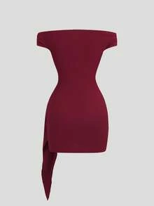 Sweetra Chocolate Bodycon Dress With Off-Shoulder Off-The-Shoulder Neckline, Metal Buckle Decor, Pleated Tie Detail, Sexy Glamorous Vintage Simple Style For Business, Shopping, Dating, Birthday Party, Social Gathering, Commuting, Spring Summer Early Autumn - Burgundy - View 6
