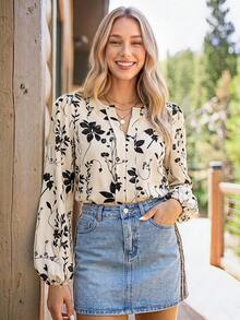 Coeurva Women's White Floral Blouse V-Neck Long Sleeve Floral Print Button Front Closure Fall Autumn Elegant Refined Outdoor Versatile Evening Vacation - Multicolor - View 1