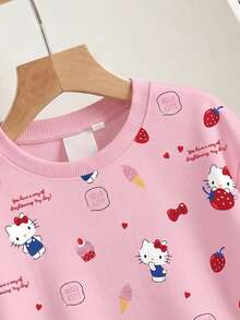 HELLO KITTY AND FRIENDS | SHEIN GraphicGems 女嬰圓領卡通印花休閒日常長袖運動衫 - 粉色 - 查看 6