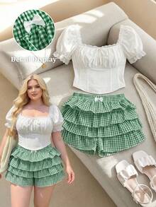 SHEIN MOD 大码休闲低腰格子修身荷叶边超短裤女式返校服装女式蓝白平角短裤简约日常 - 綠色 - 查看 1
