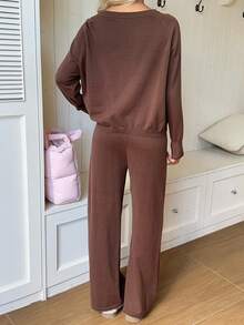 CovetEZ Women's Solid Color Sweater Knit Pants 2 Pieces Set Holiday Coffee Brown Autumn Casual - Brown - View 2