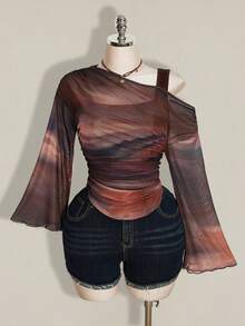 SHEIN ICON 女款大尺碼紮染 2 合 1 喇叭袖網紗 T 恤 秋季 - 彩色 - 查看 3