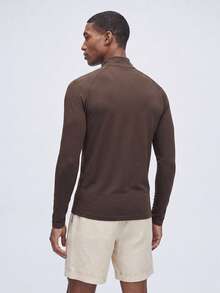 Nelvento Soul Men's Minimalist Solid Color Half-Zip Stand Collar Raglan Long Sleeve Compression Sports T-Shirt Compression Shirt, Lightweight, Gym - Camel - View 2