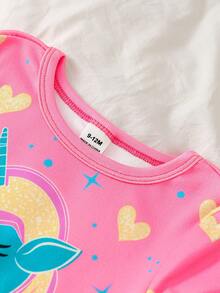Baby Girls Neon Unicorn & Heart Print Crew Neck Bodysuit & Pants Pajama Set - Multicolor - View 8