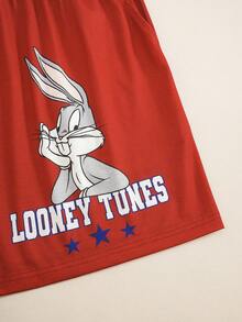 LOONEY TUNES X SHEIN Men's Versatile Letter Print Crew Neck Short Sleeve T-Shirt And Drawstring Waist Pocket Shorts Set - White - View 6