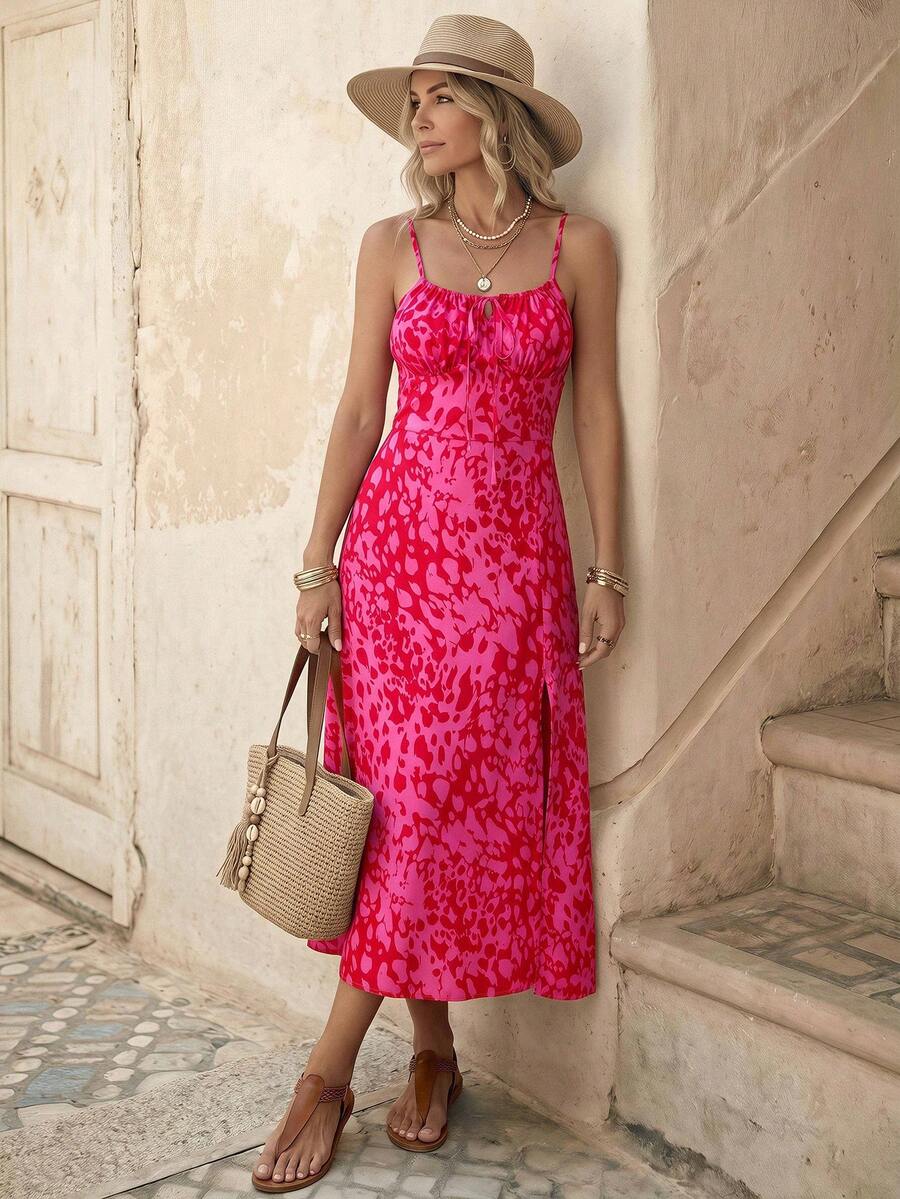 EMERY ROSE Allover Print Tie Front Split Thigh Cami Dress - Multicolor - View 1
