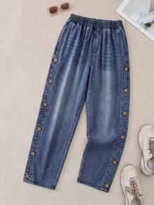 EMERY ROSE EMERY ROSE Quần jean denim size lớn phong cách thường ngày giặt wash cài cúc bên hông - Rửa trung bình - Xem 5
