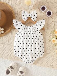 SHEIN Vintaside Kids 新生兒甜美可愛波點荷葉袖連身衣與髮帶套裝 夏季款 - 黑與白 - 查看 2
