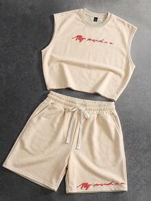 PAVTROS Men's Embossed Crew Neck Tank Top And Drawstring Waist Pocket Shorts Set - Khaki - View 8