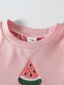 SHEIN Playful Pals 女嬰夏季粉色短褲套裝 西瓜圖案紋理無袖上衣搭配粉色格紋短褲 飾有粉色蝴蝶結 日常外出必備 - 彩色 - 查看 5
