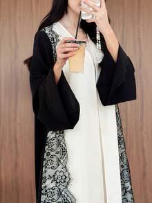 Yasmeen Edit Yasmeen Edit Elegant High-End Sexy Black And White Color Block Lace Patchwork Long Women's Abaya - Black and White - View 4