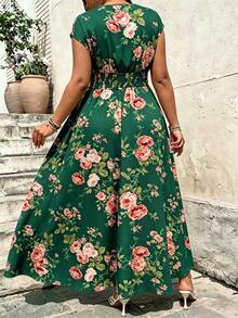 Breezaya Plus Size Women's New Printed Slimming Leg-Lengthening V-Neck Elastic Waist Summer Casual Vacation Style Dress - Multicolor - View 2