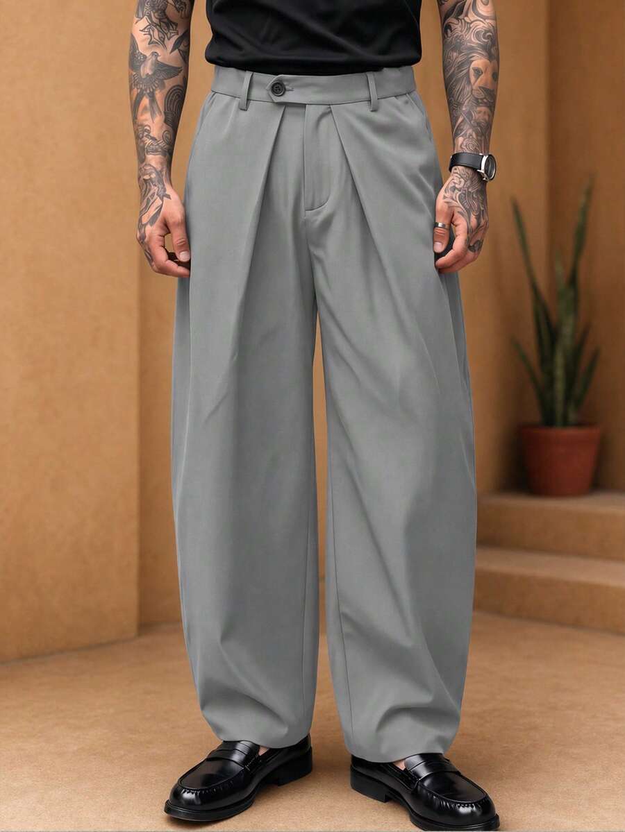GENTILAND Pantalones largos de unicolor plisados casuales versátiles para uso diario y viajes para hombres - Gris - View 1