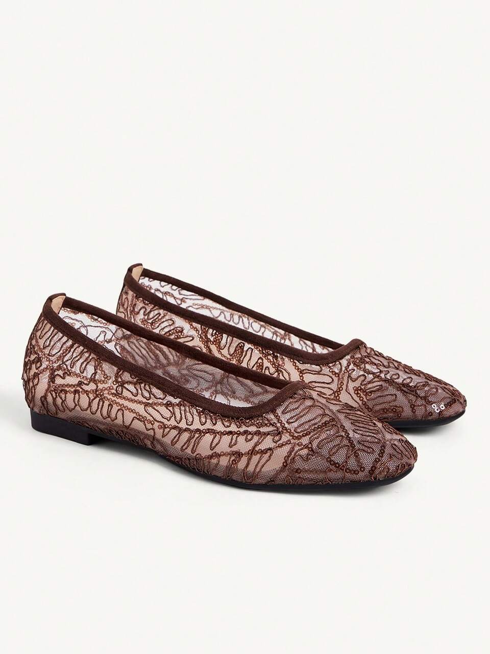 CUCCOO CHICEST Retro Brown Sequined Mesh Flat-Soled Shoes, Women's Summer Breathable Square-Toe Grandma Shoes, Elegant Commuting Slouchy Shoes
