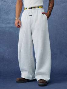 PAVTROS Men's Letter Print Denim Elastic Waist Wide Leg Casual Sweatpants - Grey - View 6