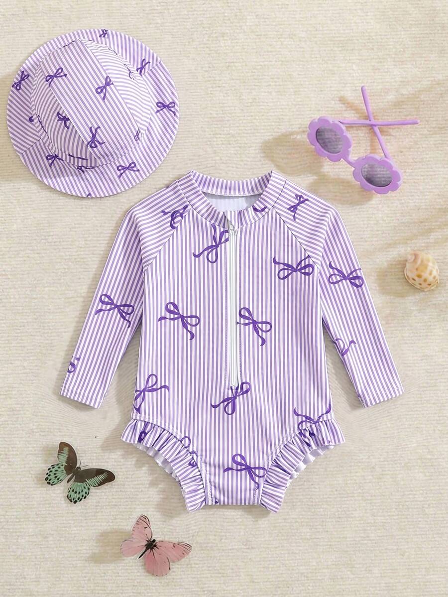 SHEIN Traje de baño de una pieza con volantes y lazo a rayas para bebé niña recién nacida - Púrpura malva - Ver 1