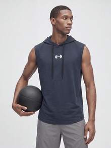 Nelvento Soul Men's Barbell Print Drawstring Hooded Sports Tank Top, Gym - Dark Grey - View 3