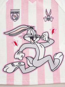 LOONEY TUNES X SHEIN Young Girl Fun Sporty Style Striped Cartoon Pattern Print Short Sleeve Round Neck T-Shirt - Pink - View 4