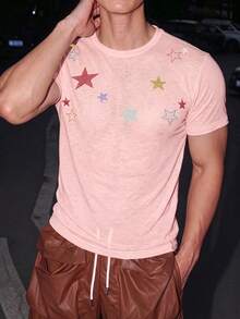 Manfinity Dauomo Fashion Street Casual Cool Comfortable Rhinestone Round Neck Short Sleeve Top - Pink - View 4