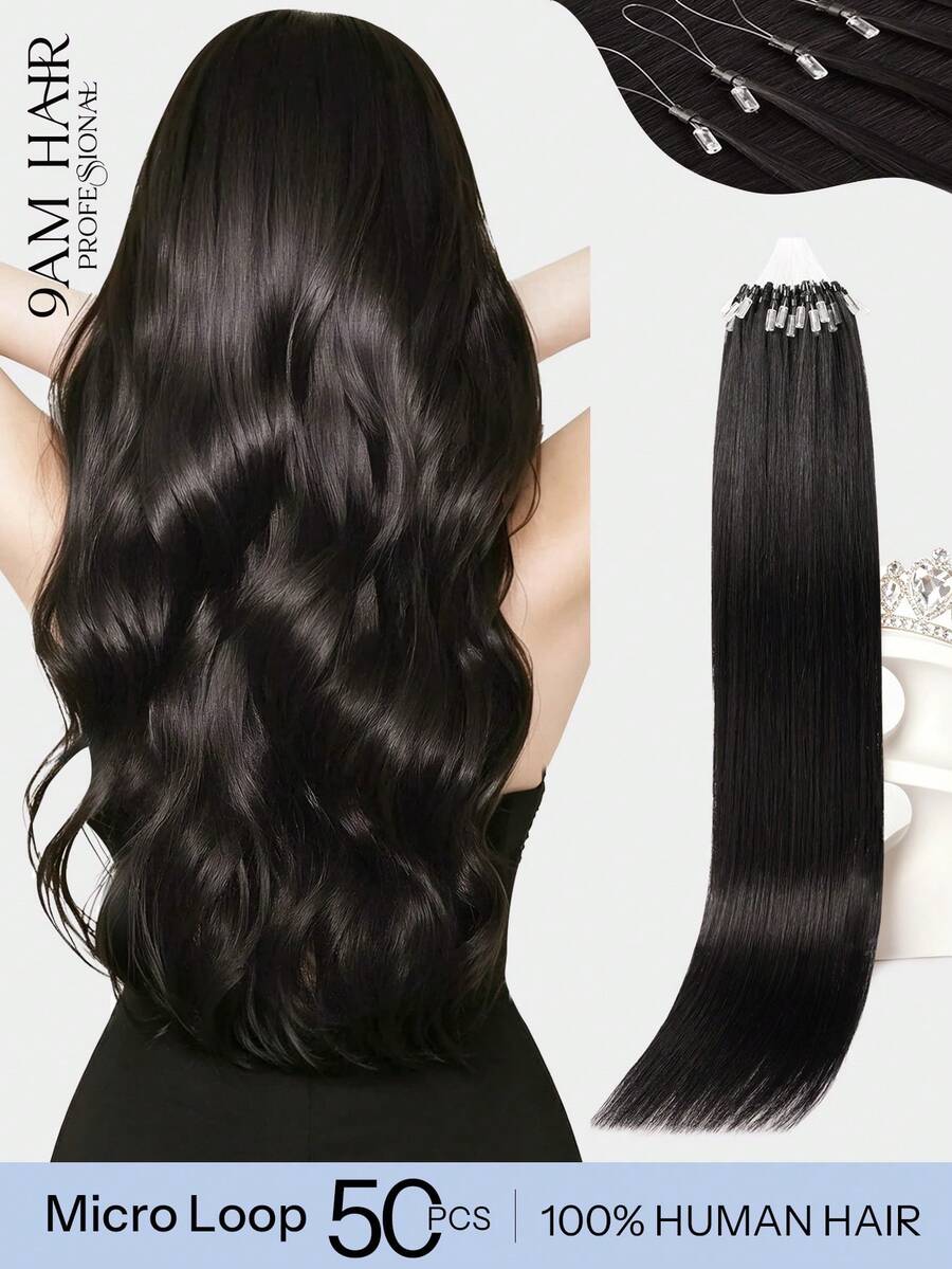 Micro Loop Human Hair Extensions Premium Virgin Remy Hair NC# Natural Black Reusable Invisible Micro Link Bead Hair No Glue No Tape Design 50Pcs 14-22 Inch Anti Shedding Soft Texture Ideal For Full Head Makeover Holiday& Hairstyle For Girls & Women - SNatural - View 1