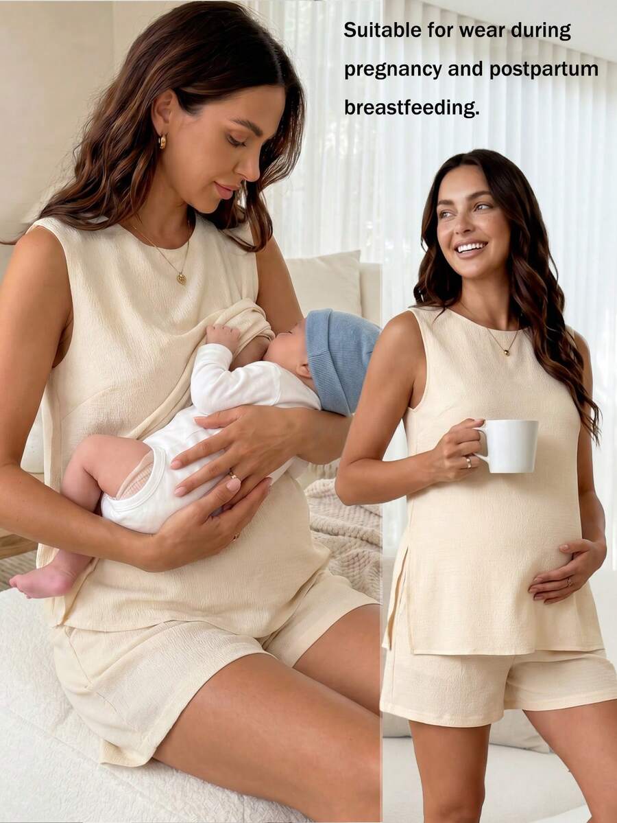 Slowluna 孕婦純色哺乳上衣與短褲休閒日常套裝 - 卡其色 - 查看 1