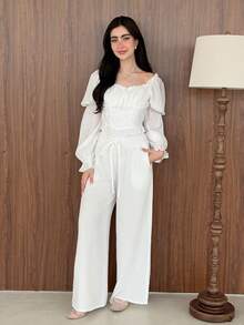Yasmeen Edit Yasmeen Edit Elegant White Summer Tea Party Blouse,Sweetheart Neck Ruched Bust Frill Trim Lotus Knot Puff Flare Long Sleeve Tops,Victorian Pirate Rococo Shirt - White - View 4