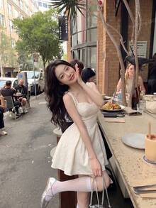 Skyraze White Pearl Sweetheart Neck Fitted Mini Dress Graduation Ceremony Summer Elegant - Apricot - View 6